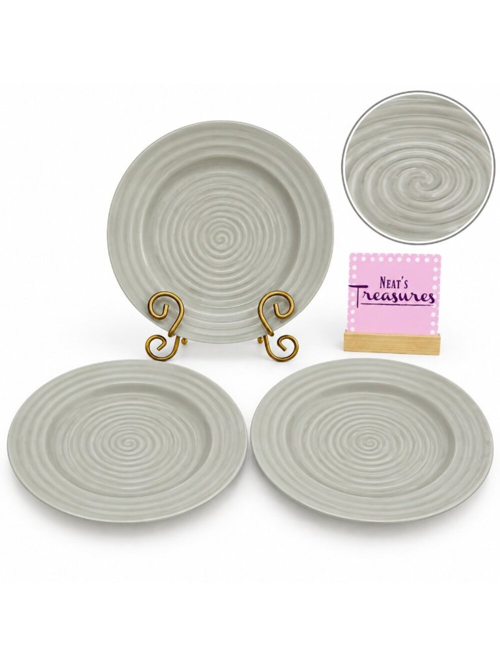 Portmeirion SOPHIE CONRAN GREY Gray Embossed Rings Coupe 9" Luncheon Plate Set 3